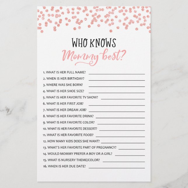 Who knows mummy best? Game Baby Shower Party game (Front)