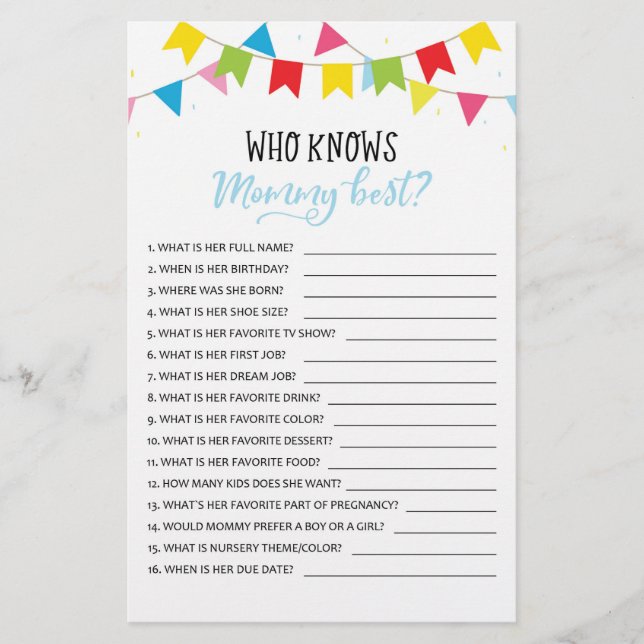 Who knows mummy best? Game Baby Shower Party game (Front)
