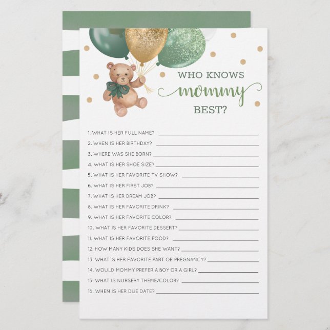 Who Knows Mummy Best Game Baby Shower Teddy Bear  (Front/Back)