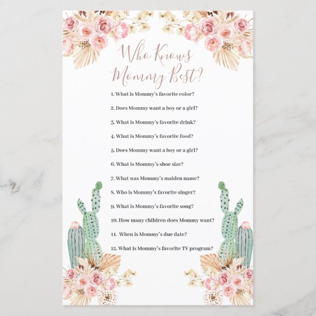 Who Knows Mummy Best Game Boho Cactus Paper Sheet (Front)