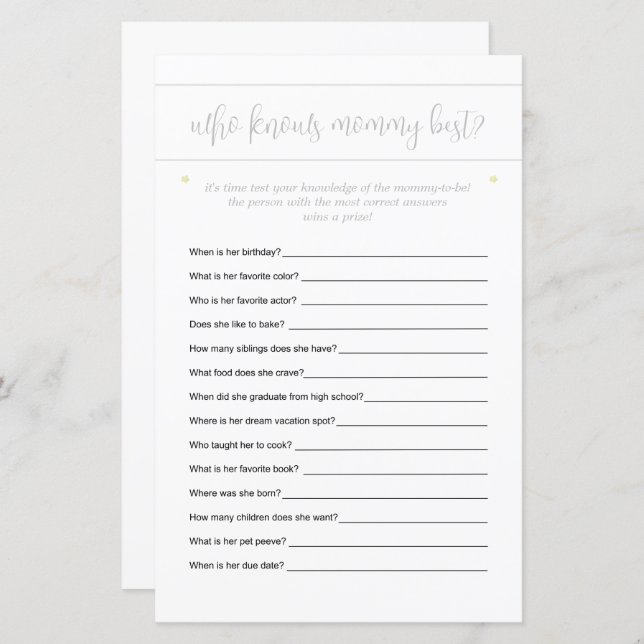 Who Knows Mummy Best Guessing Game Minimal (Front/Back)