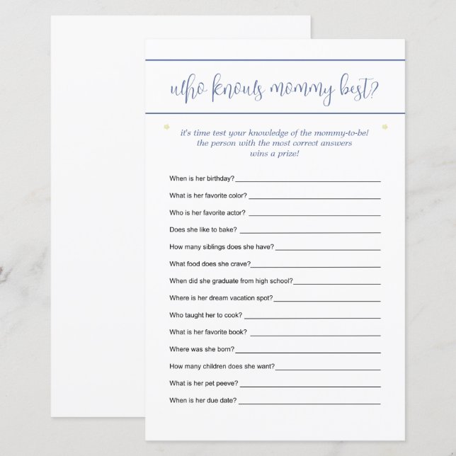 Who Knows Mummy Best Guessing Game Stars Blue (Front/Back)