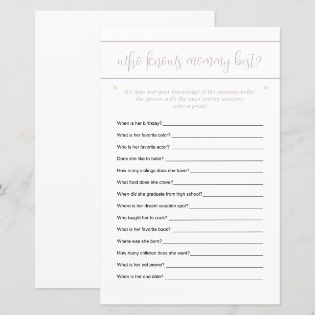 Who Knows Mummy Best Guessing Game Stars Pink (Front/Back)