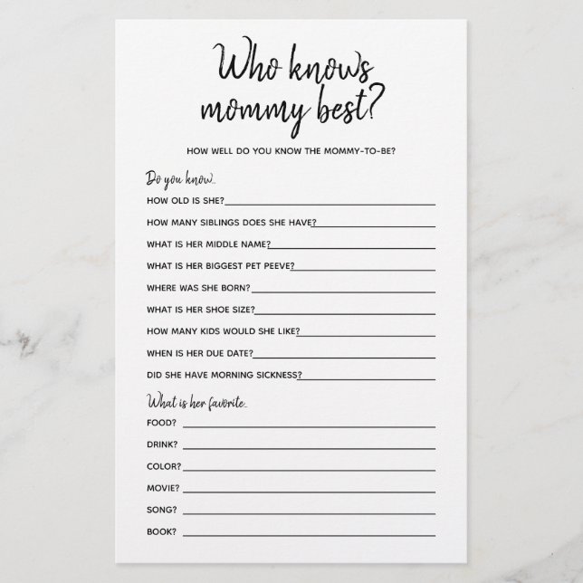 Who Knows Mummy Best Minimalist Baby Shower Game (Front)