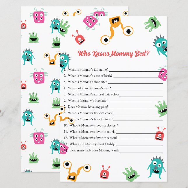 Who Knows Mummy Best Monster Baby Shower Game (Front/Back)