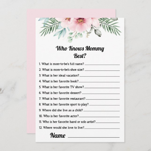 Who Knows Mummy Best Pink Baby Shower Game Card (Front/Back)