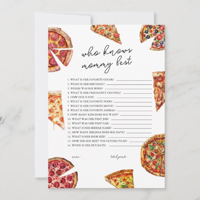 Who Knows Mummy Best Pizza Baby Shower Game Card (Front)