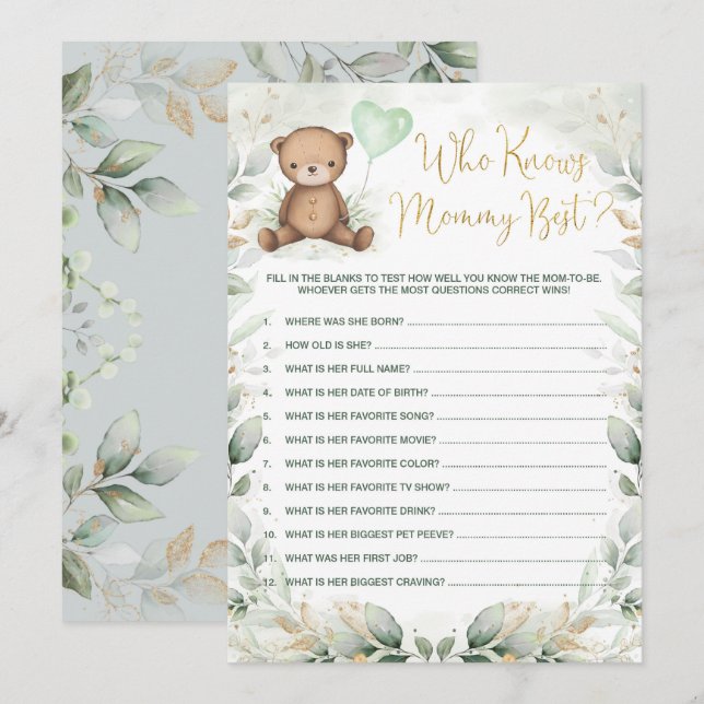 Who Knows Mummy Best Teddy Bear Baby Shower Game Invitation (Front/Back)