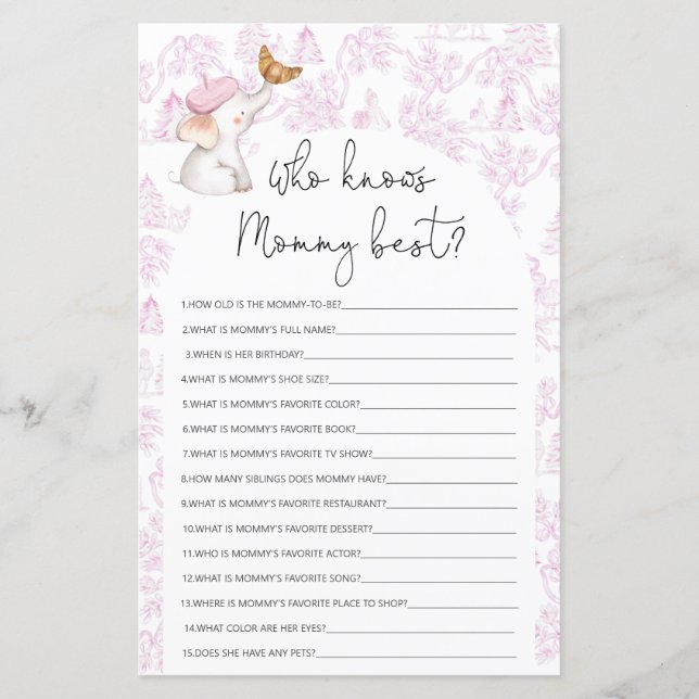 Who knows Mummy best Toile Baby Shower Game (Front)