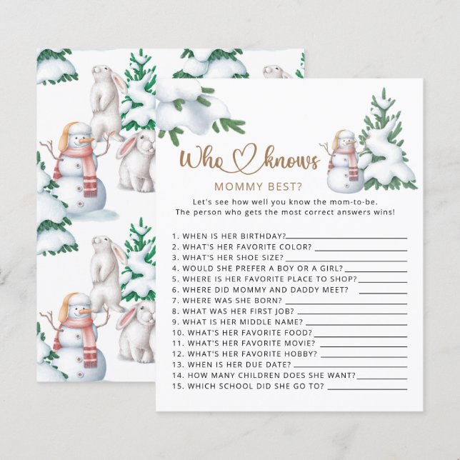 Who knows mummy best winter baby shower game (Front/Back)