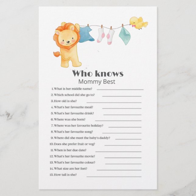 Who knows mummy best woodland Baby Shower Game  (Front)