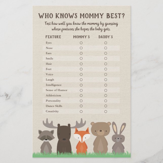 Who Knows Mummy Best Woodland Baby Shower Game Flyer (Front)