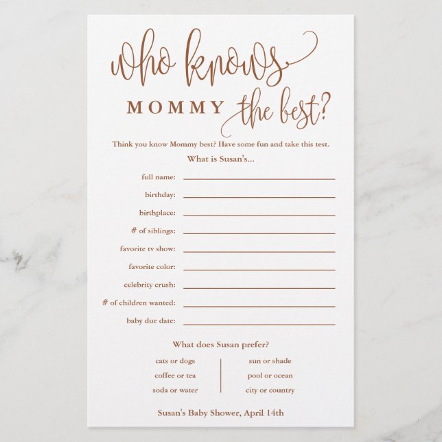 Who Knows Mummy, Terra Baby Shower Paper Game Card (Front)
