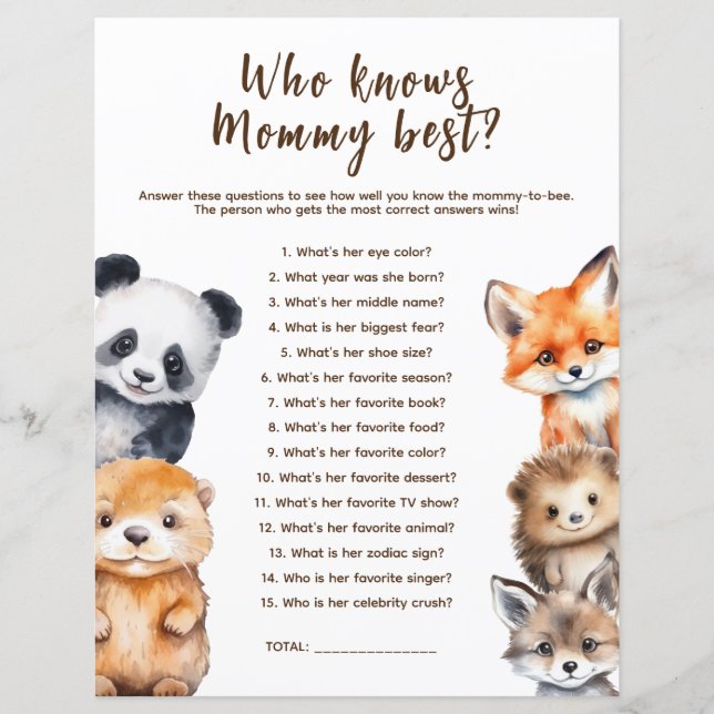 Who knows Mummy Woodland Animals Baby Shower Game (Front)