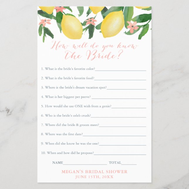 Who Knows Our Bride The Best Shower Quiz Game Card (Front)