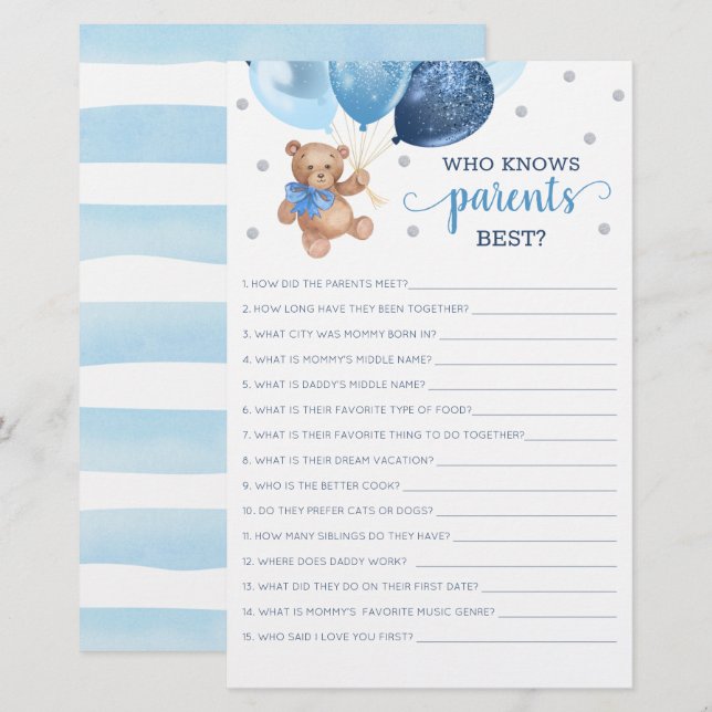 Who Knows Parents Best Game Baby Shower Teddy Bear (Front/Back)