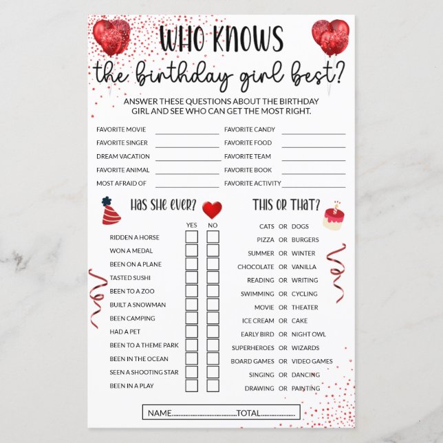 Who Knows The Birthday Girl Best Games - Red Theme (Front)