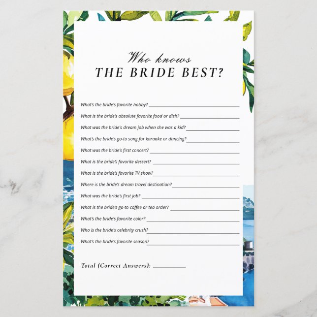 Who Knows the Bride Best Amalfi Bridal Shower (Front)