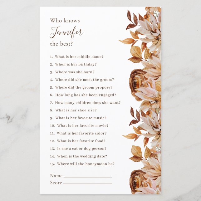 Who Knows The Bride Best Bridal Game (Front)