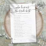 Who Knows The Bride Best Bridal Shower Game<br><div class="desc">This fun bridal shower game can be personalised with your own who knows the bride best questions. Designed by Thisisnotme©</div>