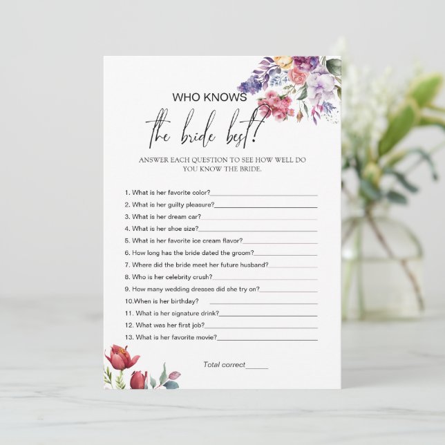 Who Knows The Bride Best Bridal Shower Game Card (Standing Front)