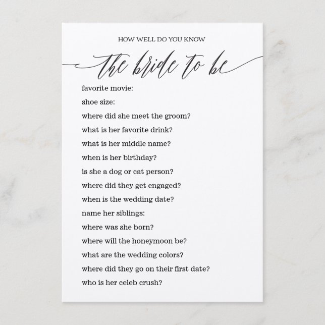 Who Knows the Bride Best Bridal Shower Game Enclosure Card (Front)
