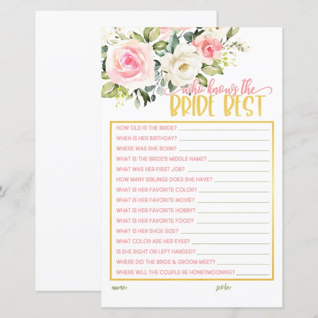 Who Knows the Bride Best - Pink Floral & Gold (Front/Back)