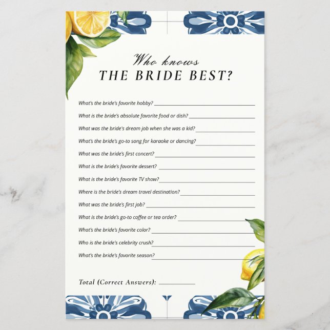 Who Knows the Bride Best Positano Bridal Shower (Front)