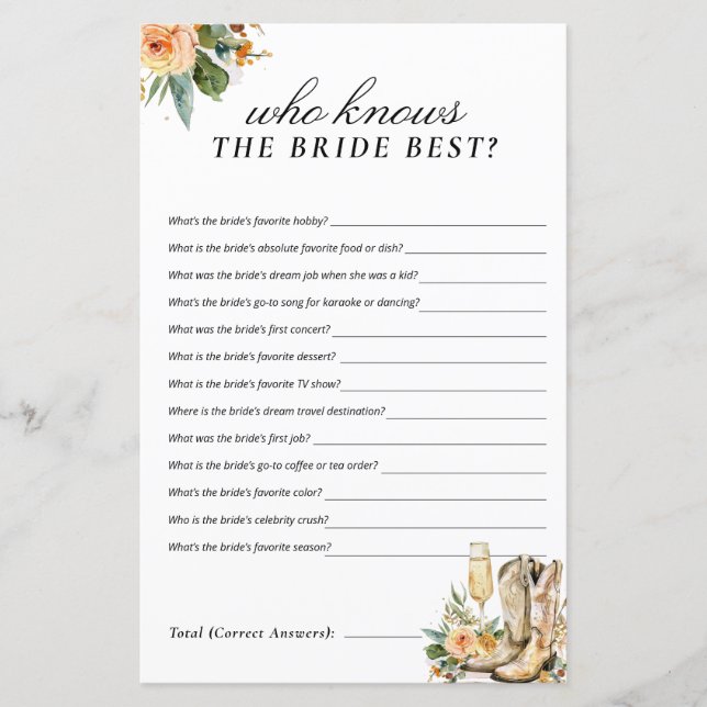 Who Knows the Bride Best Western Bridal Shower (Front)