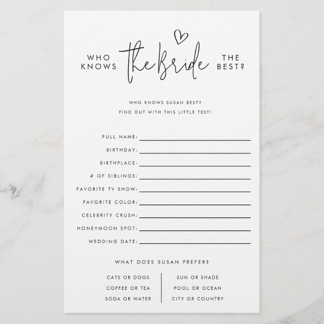 Who Knows The Bride,Minimalist Paper Game Card (Front)