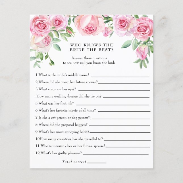 Who Knows the Bride the Best | Bridal Shower Game  (Front)
