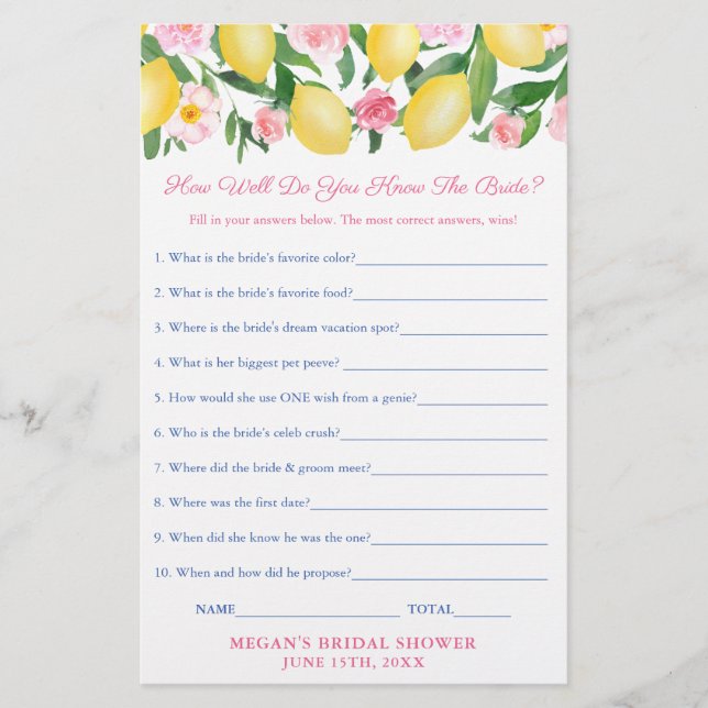 Who Knows The Bride The Best Shower Quiz Game Card (Front)