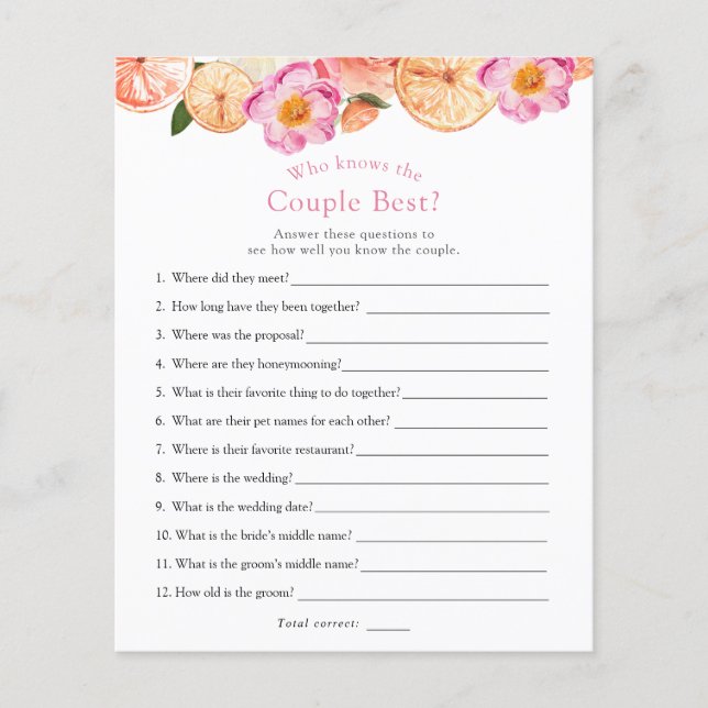 Who Knows the Couple Best Bridal Shower Game (Front)