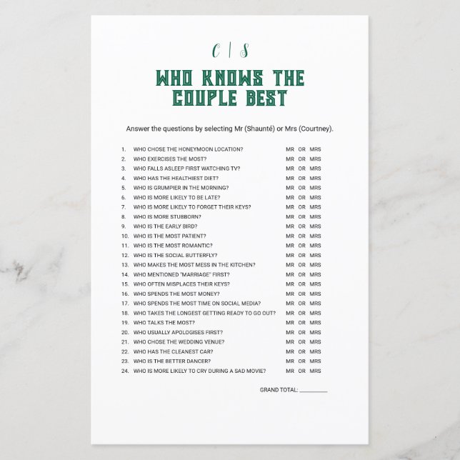 Who Knows The Couple Best Game (Front)