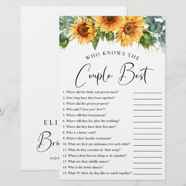 Who Knows the Couple Best Sunflower Shower Game (Front/Back)