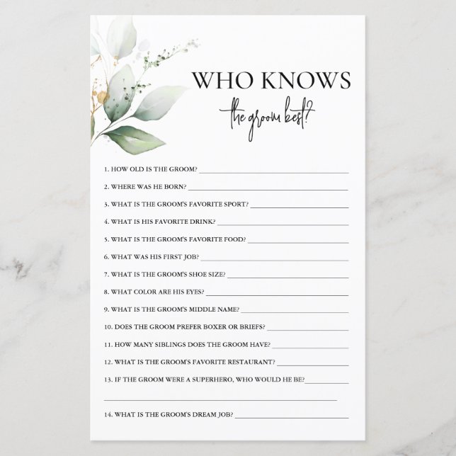 Who Knows the Groom best Bridal Shower game (Front)