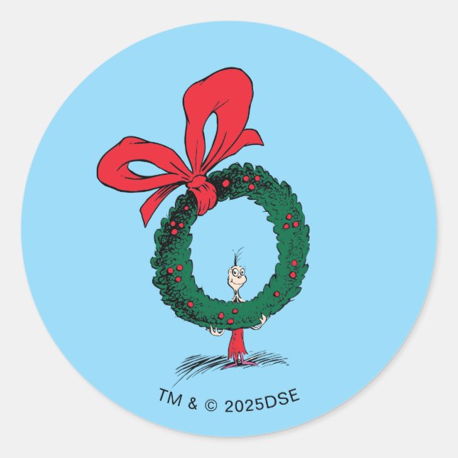 Who Peeking Through Christmas Wreath Classic Round Sticker (Front)
