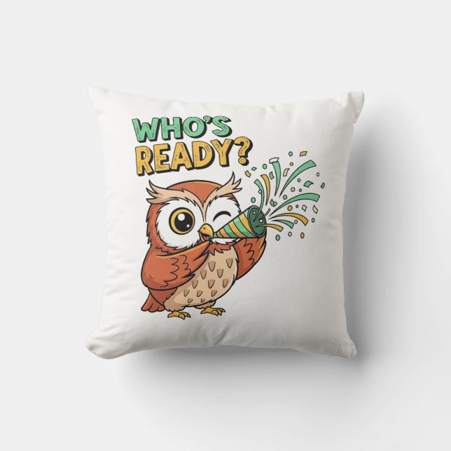 Who’s Ready? – Party Owl Christmas Edition Cushion (Front)