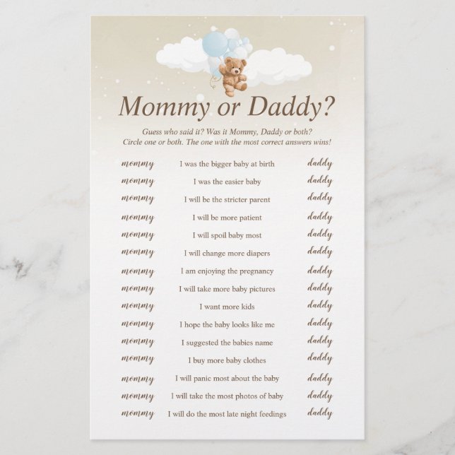 Who Said It Blue Teddy Bear Baby Shower Game Flyer (Front)