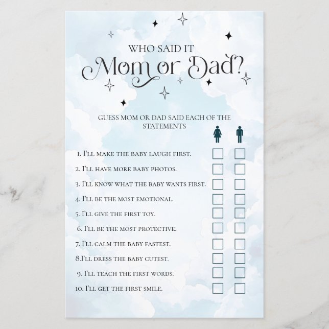 Who Said It: Mum or Dad? Baby Shower Game (Front)