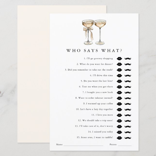 Who says what Champagne Bridal Shower Game Card (Front/Back)
