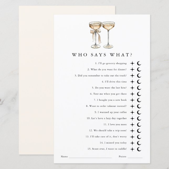 Who says what Gender Neutral Wedding Shower Game (Front/Back)