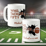 Who Tackles Fifty Funny Football 50th Birthday Coffee Mug<br><div class="desc">Score big with this energetic football-themed birthday mug! With “Who Tackles Fifty” boldly headlining the design in a sporty font and a football bursting from a splash, this mug sets the tone for a fun, high-energy celebration. The name and date Great for celebrating 50—or any age you want to tackle...</div>