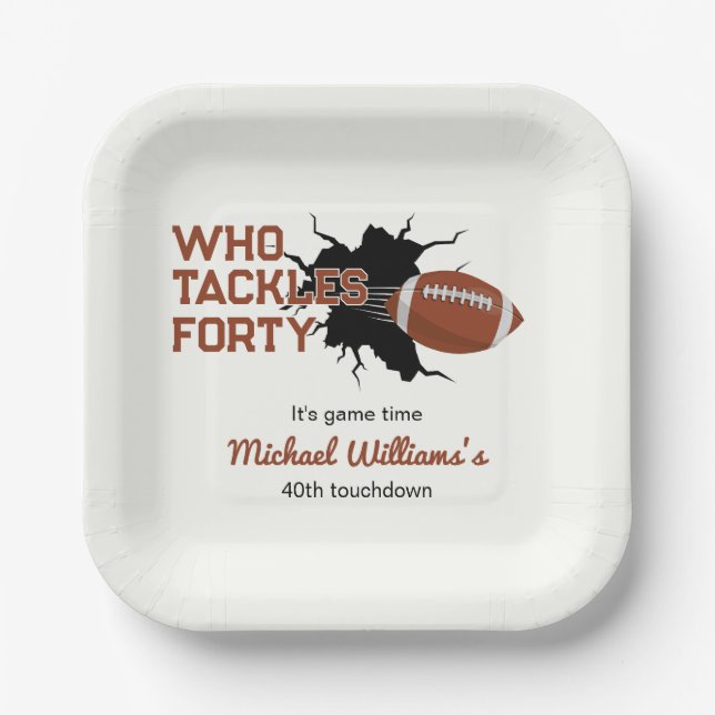 Who Tackles Forty Funny Football 40th Birthday Paper Plate (Front)