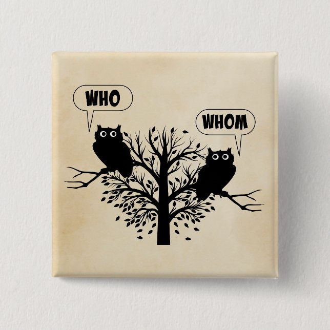 Who Whom Grammar Humour Owls 15 Cm Square Badge (Front)