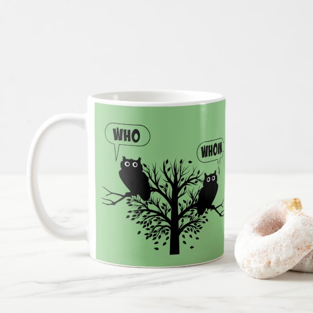 Who Whom Grammar Owls English Style Humour Coffee Mug (With Donut)