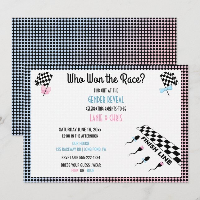 Who Won the Race Gender Reveal Funny Sperm Invitation (Front/Back)