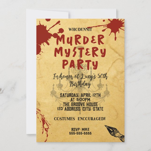whodunit murder mystery bloody party 40th 50th 60  invitation (Front)