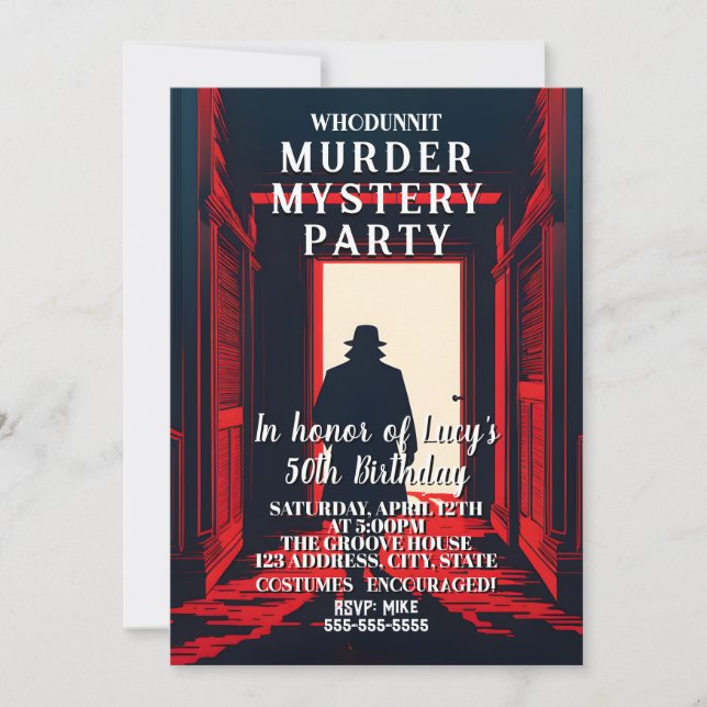 whodunit murder mystery detective dinner party invitation (Front)
