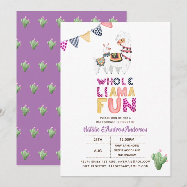 Whole LLama Fun Baby Mama Shower Purple Pink Girls Invitation (Front/Back)